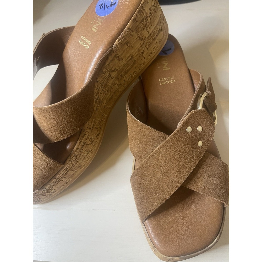 LOTTINI Suede Cross Band Cork Wedge Sandal Cuoio Gold Buckle Size 7 1/2